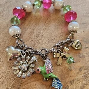 Betsey Johnson Green Pink Beaded Hummingbird Charm Bracelet